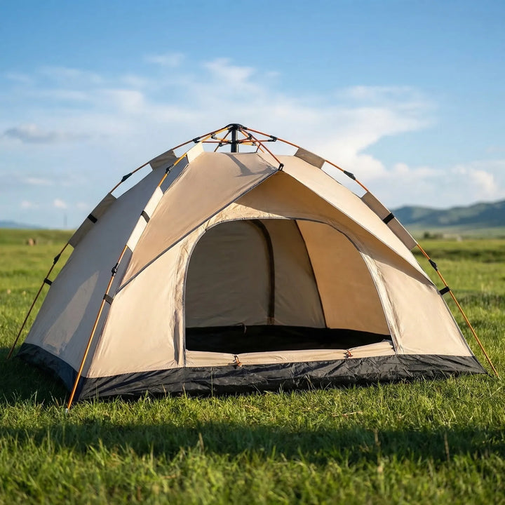 Automatic 4-person pop-up tent for easy setup camping. Quick-open outdoor shelter with sun protection.