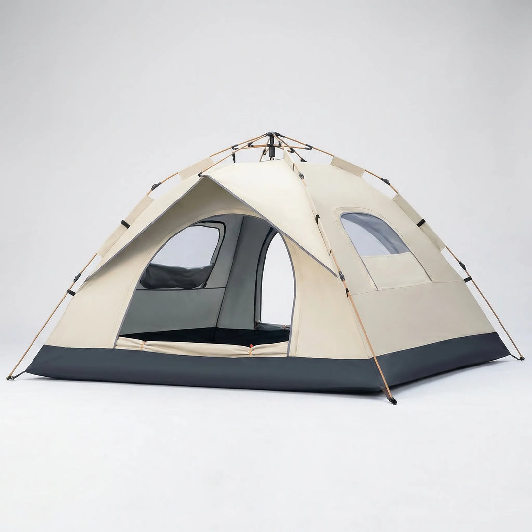 Outdoor 4-person quick-open tent. Waterproof, sun protection beach shelter or camping pop-up tent.