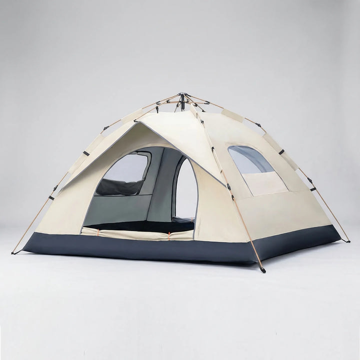 Unisex automatic 4-person outdoor tent. Quick-open pop-up design for camping, beach, sun & waterproof protection.