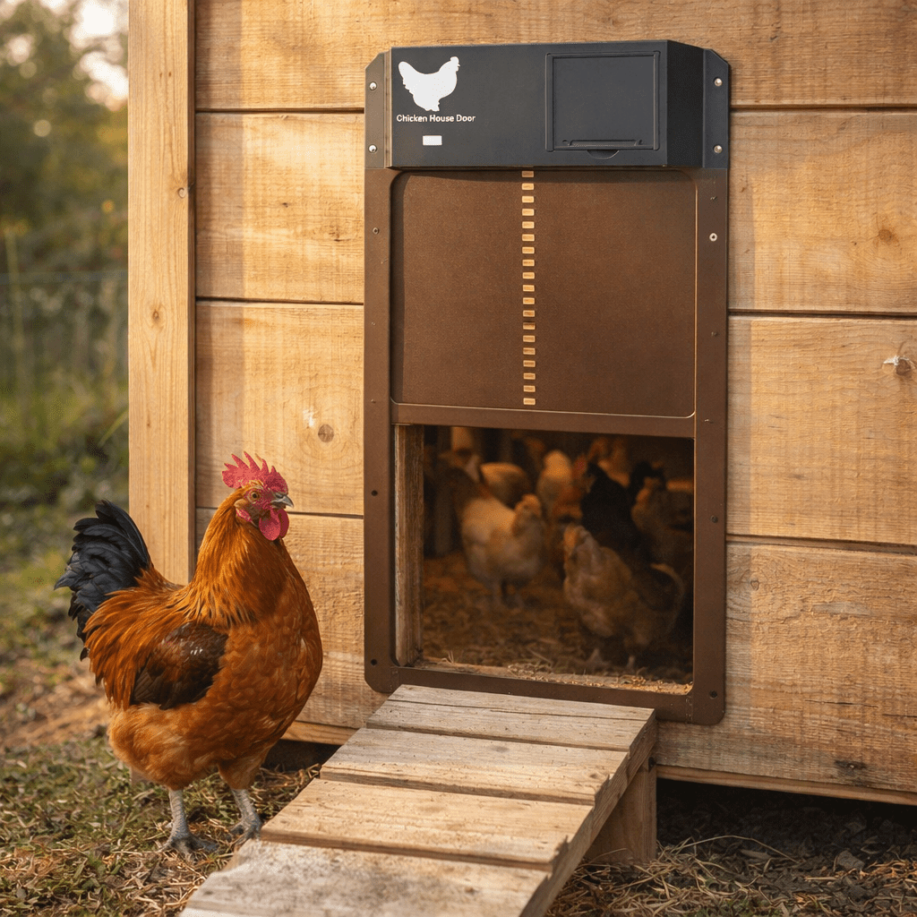 Automatic chicken coop door with daylight sensor, closed. Ensures predator protection for poultry.