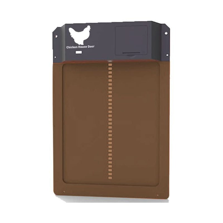 Weather-resistant automatic chicken coop door open, revealing the secure entrance for hens and roosters.