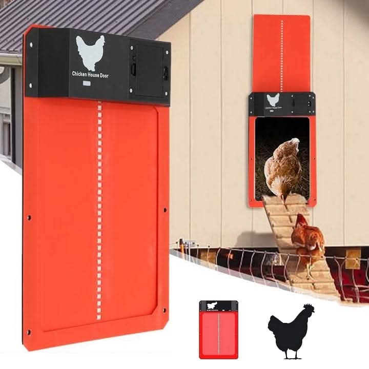 Automatic chicken coop door installed on a wooden coop, providing easy install poultry care.