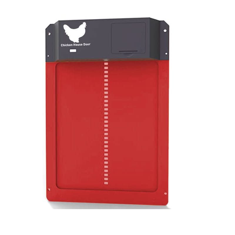 Farm setting showing an automatic chicken coop door for efficient and secure poultry management.
