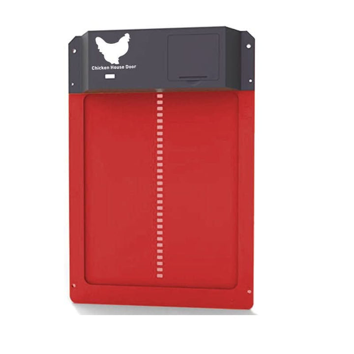 Farm setting showing an automatic chicken coop door for efficient and secure poultry management.