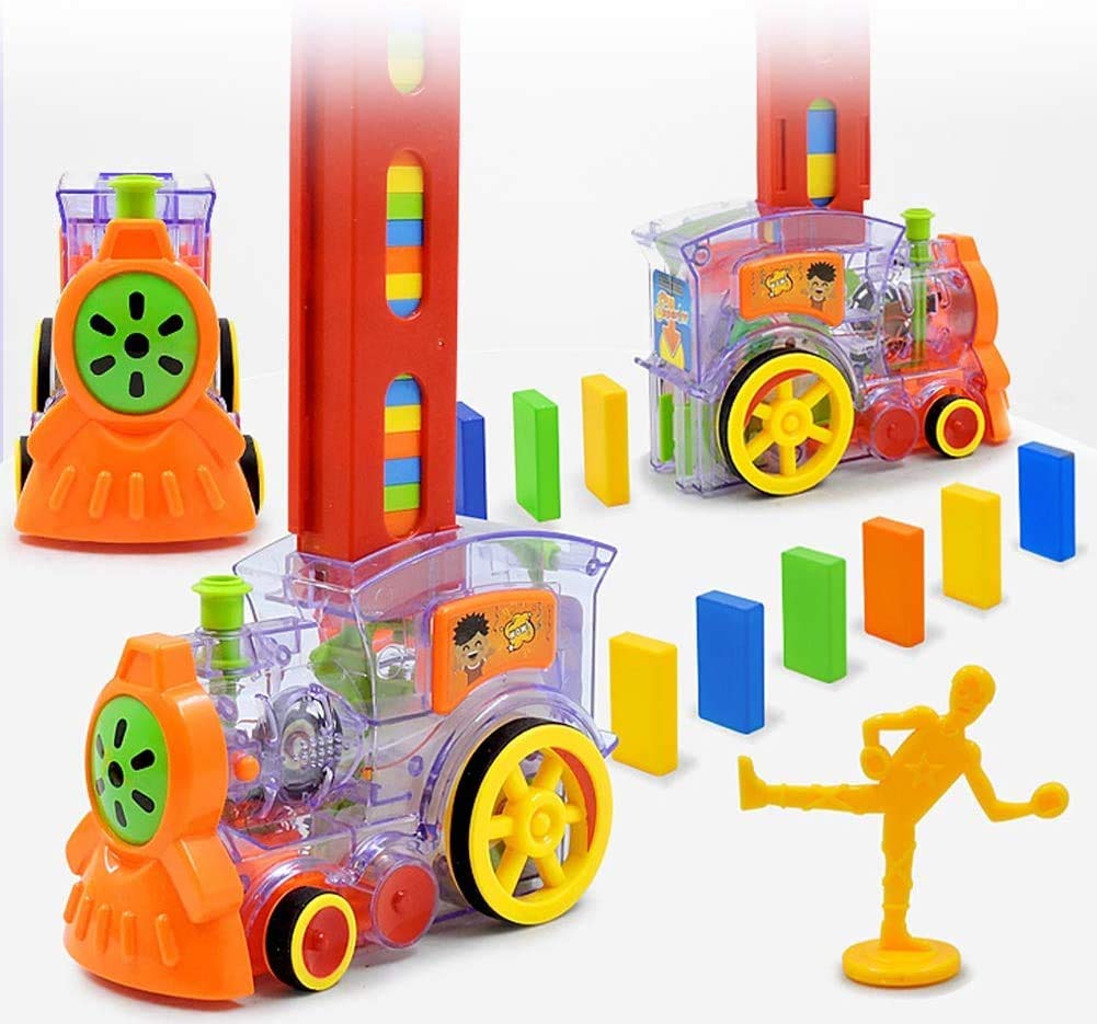 Automatic domino laying train toy for kids with sound & light, building a colorful domino run.