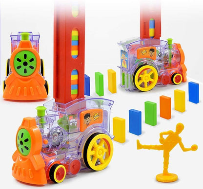 Automatic domino laying train toy for kids with sound & light, building a colorful domino run.