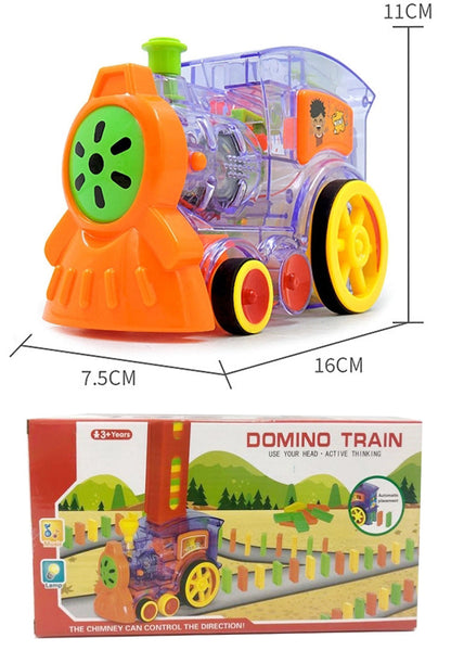 Red automatic domino train toy for children, an educational STEM play with sound/light.