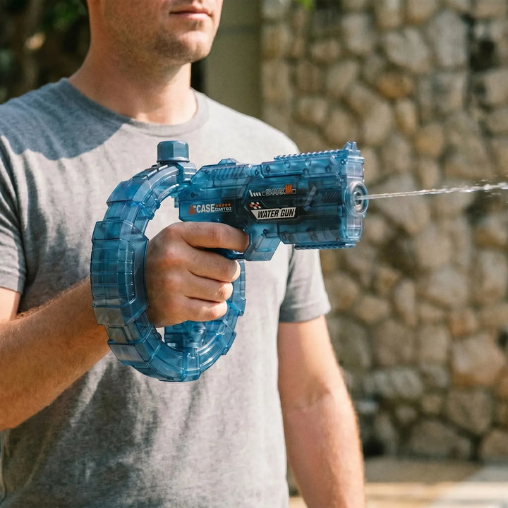 Automatic electric water blaster with cool light effects, perfect for summer outdoor fun and pool play.