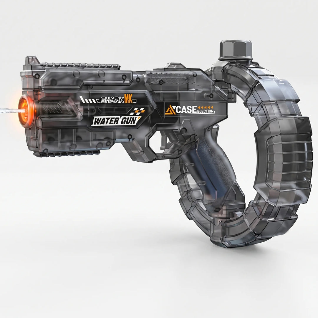 High-tech automatic electric water blaster featuring bright light effects. Rechargeable water gun for summer play.