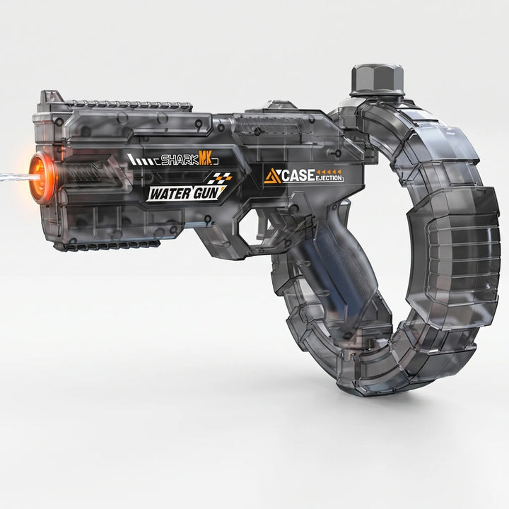 High-tech automatic electric water blaster featuring bright light effects. Rechargeable water gun for summer play.