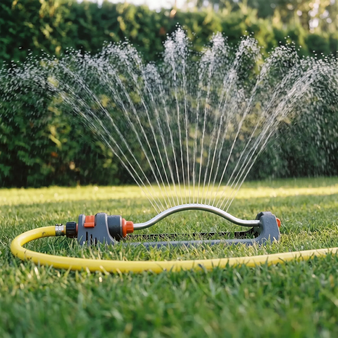 Automatic oscillating lawn sprinkler for even garden watering and efficient outdoor irrigation system.