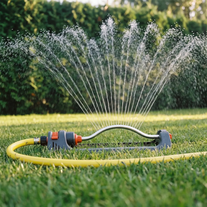 Automatic oscillating lawn sprinkler for even garden watering and efficient outdoor irrigation system.