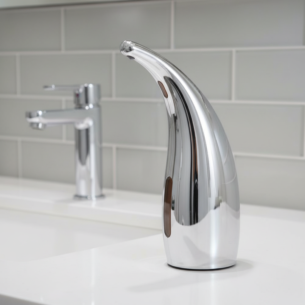 Automatic touchless soap dispenser for hygienic hand washing in bathroom or kitchen.