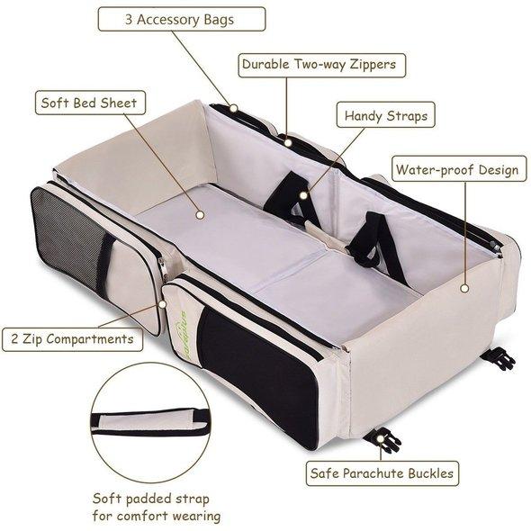 Detailed view of the baby organizer section within the 3-in-1 portable diaper bag & bassinet.