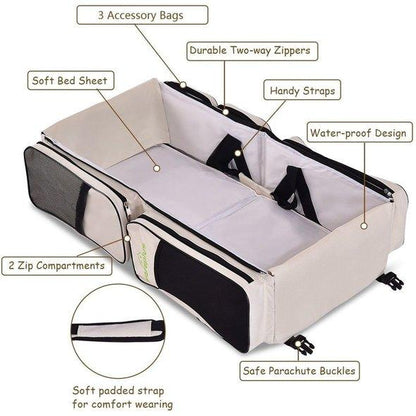Detailed view of the baby organizer section within the 3-in-1 portable diaper bag & bassinet.
