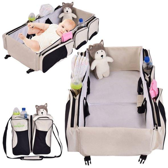 Side view of the travel crib / portable bassinet with mesh sides for ventilation and baby safety.