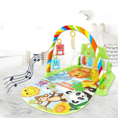 Baby activity gym mat with musical piano, colorful arches, and hanging animal toys for infant play.