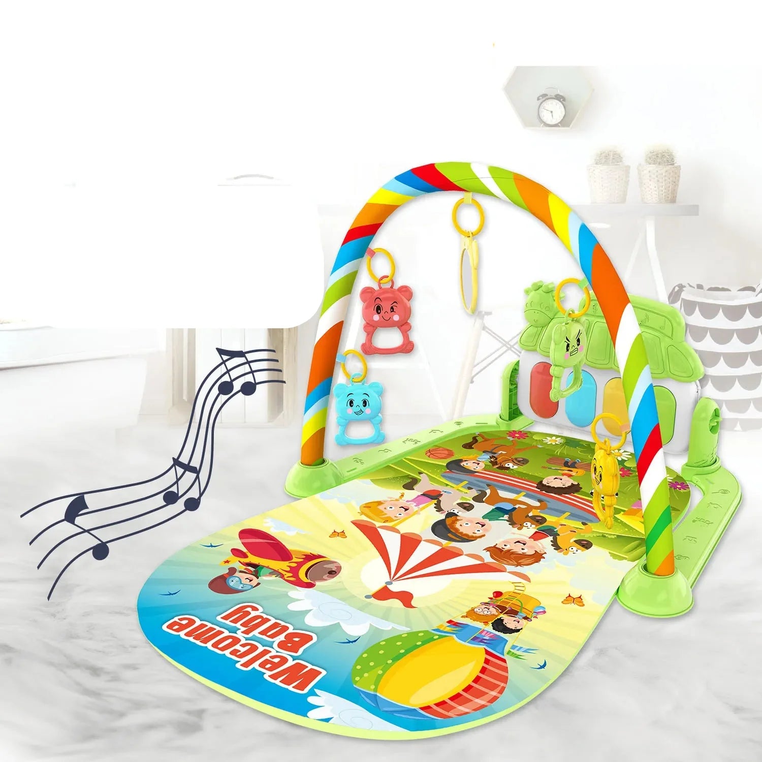 Soft baby play mat with an integrated musical piano, perfect for infant development and sensory exploration.
