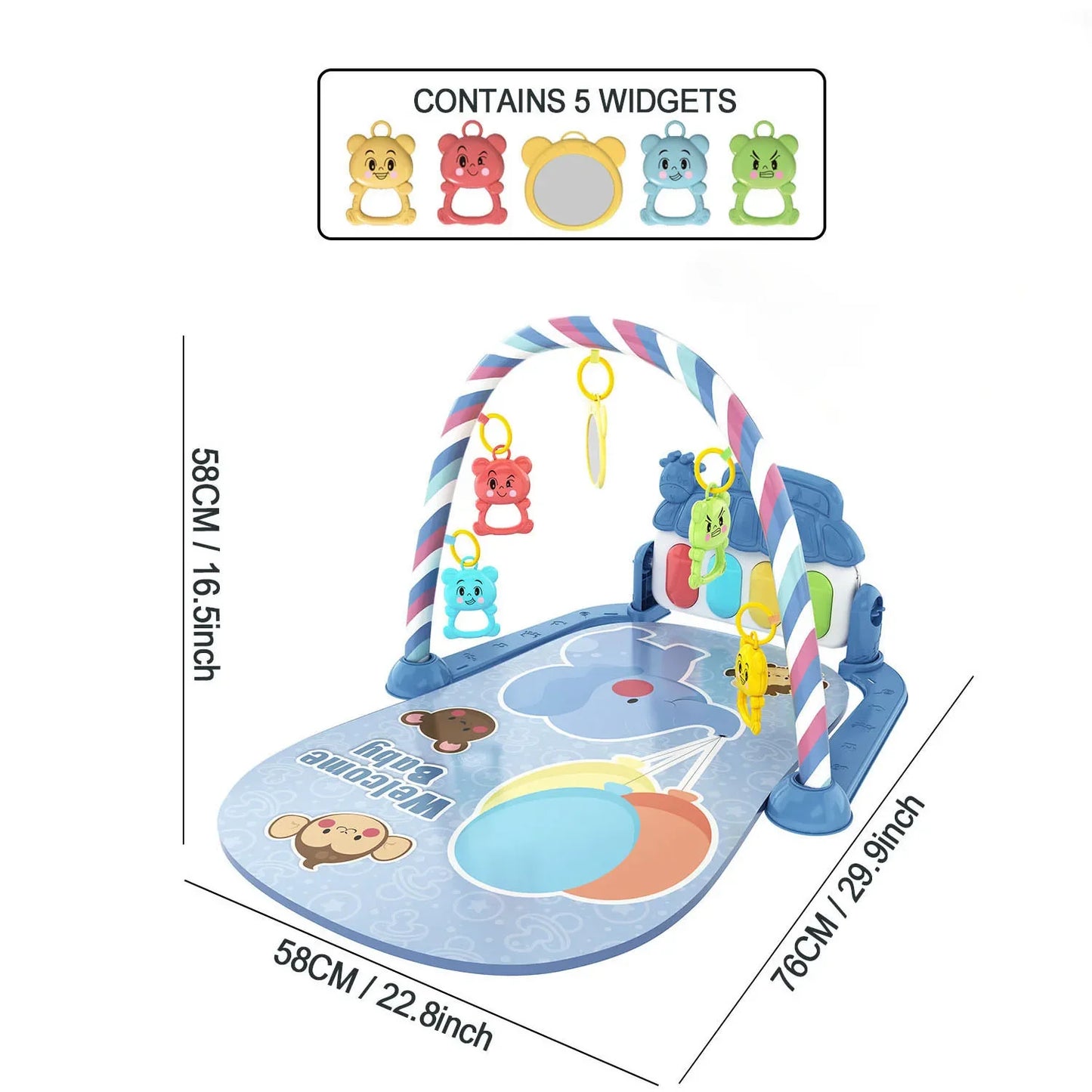 Infant sensory play mat with an interactive musical piano keyboard and dangling rattles for early development.