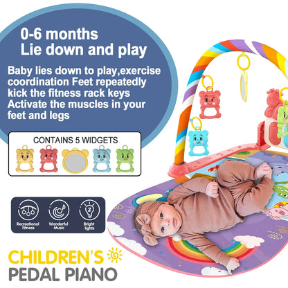 Toddler activity gym featuring a detachable musical piano and soft, cushioned playmat for tummy time.