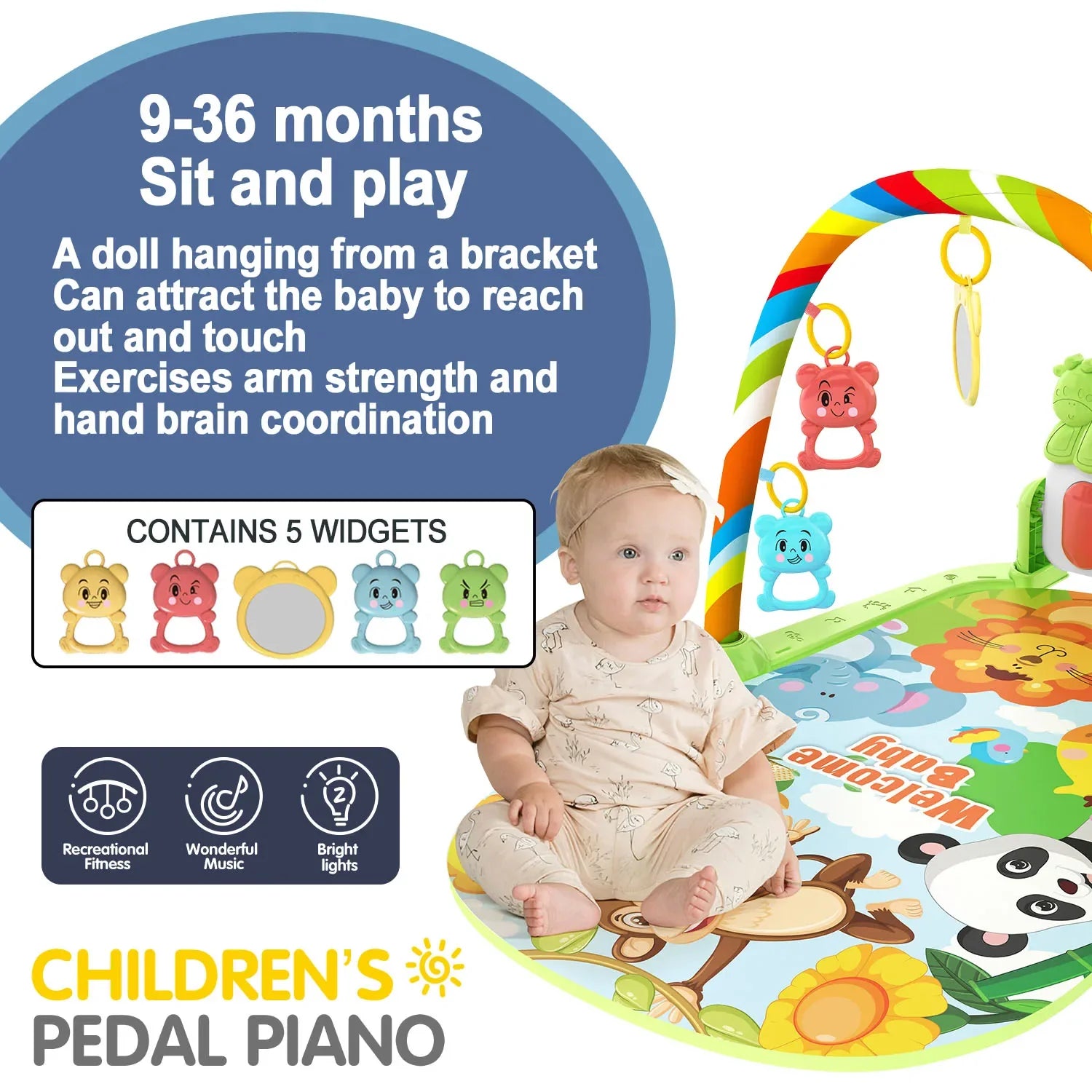 Educational baby play mat with a kick-activated piano and bright hanging toys to stimulate infant senses.