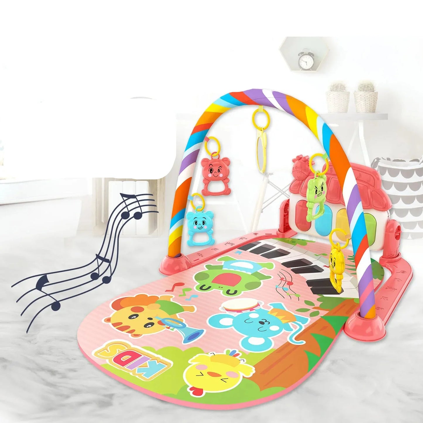 Brightly colored baby play gym with a musical piano and soft animal-themed hanging toys for sensory development.