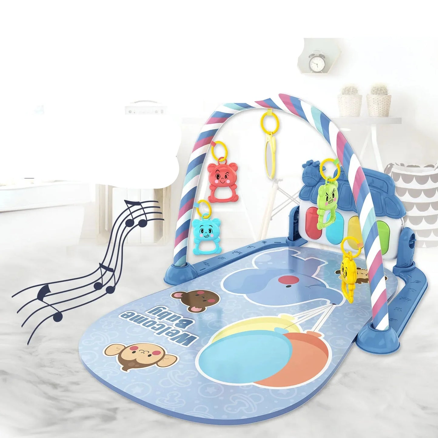 Infant activity mat with a light-up musical piano, arch with hanging toys promoting early education.