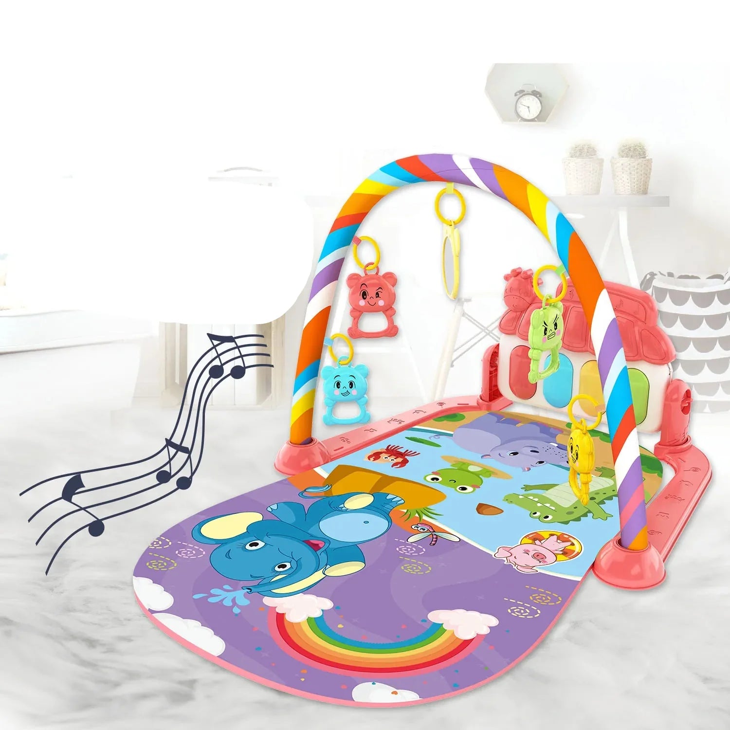 Baby entertainment center: an activity gym with a musical piano and several engaging play toys for infants.