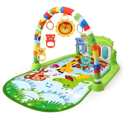 Comfortable baby play mat featuring a vibrant design and hanging rattles