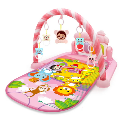 Baby play environment with a musical piano arch and hanging activity toys