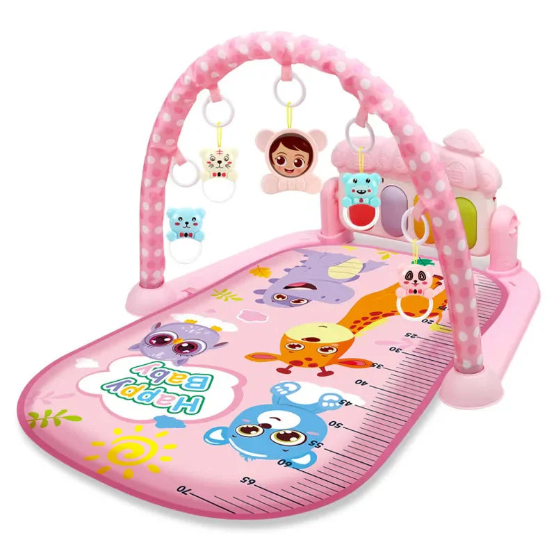 Infant playmat featuring a detachable musical arch and soft hanging toys
