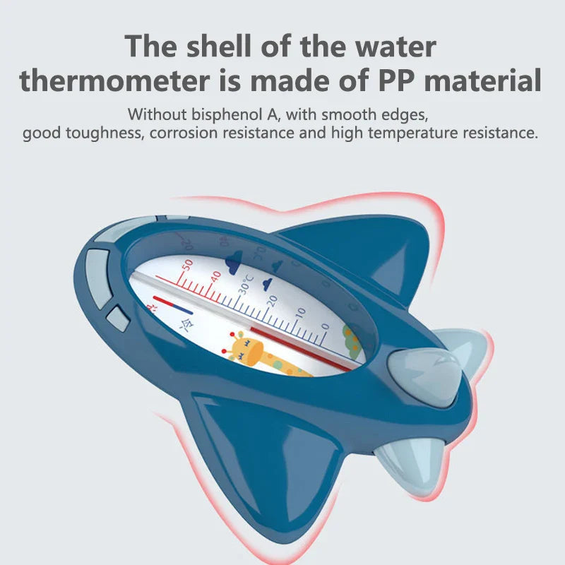 Close-up of a baby aircraft bath thermometer floating in water, displaying accurate temperature.