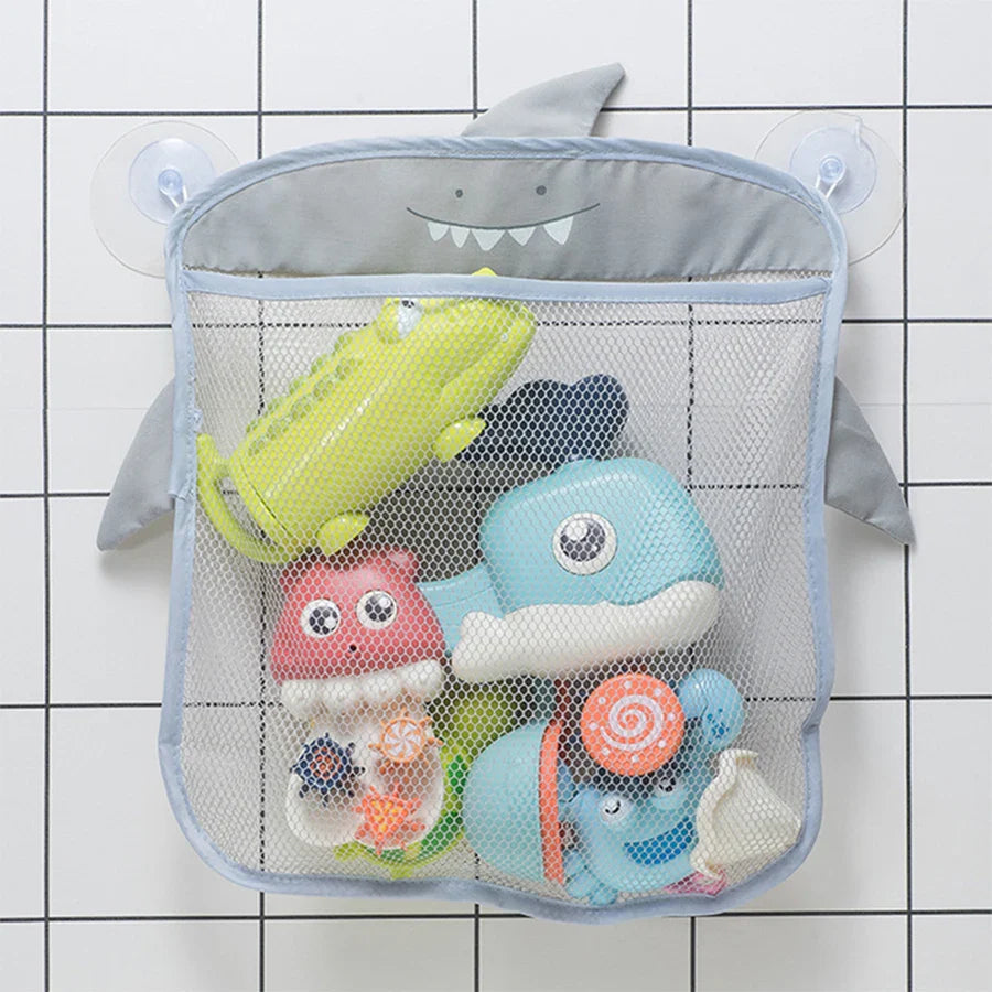 Kids' bathroom storage solution, mesh organizer bag with animal faces, strong suction
