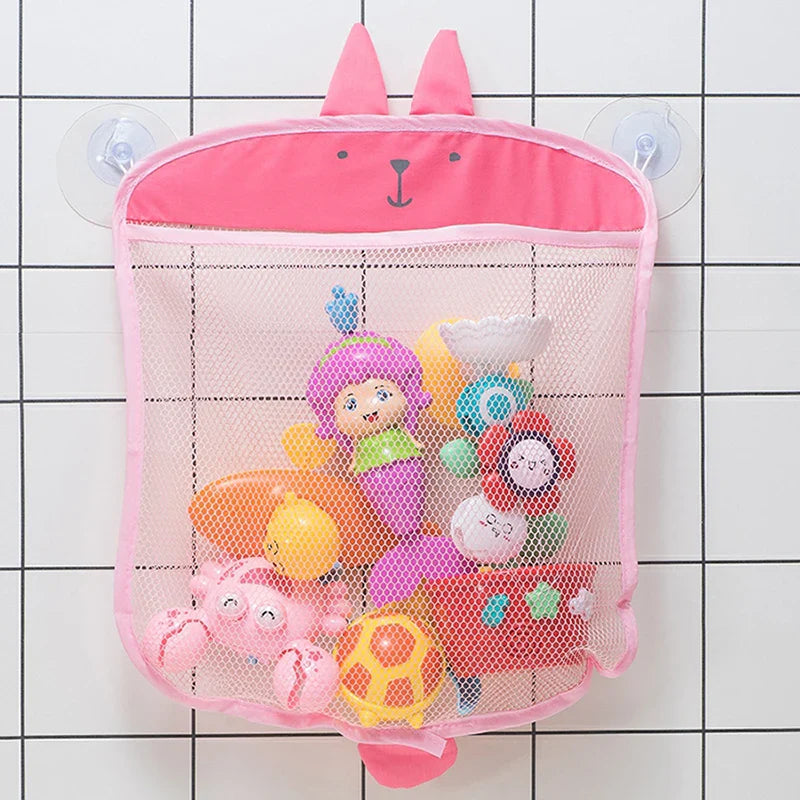 Empty baby animal mesh bath toy organizer bag, ready for toys, hung by suction cups