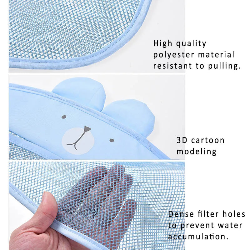 Shower wall view of baby animal mesh bath toy organizer, filled with colorful bath toys