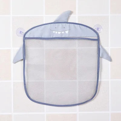 Close-up of mesh bath toy organizer with suction cups for secure attachment, animal details visible