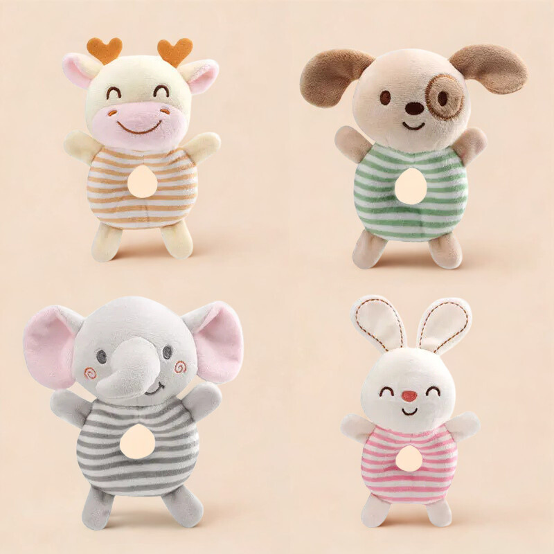 Baby animal plush hand rattle and teether toy set with lion, elephant, and monkey, soft plush.