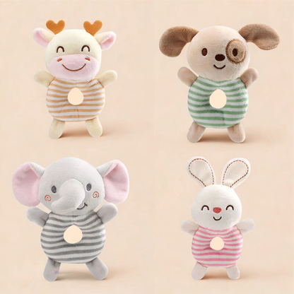 Baby animal plush hand rattle and teether toy set with lion, elephant, and monkey, soft plush.