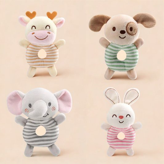 Baby animal plush hand rattle and teether toy set with lion, elephant, and monkey, soft plush.