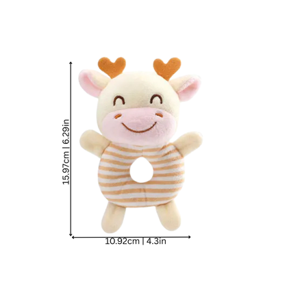 Infant sensory development toy set: plush animal rattles and teethers for soothing gums, bright colors.