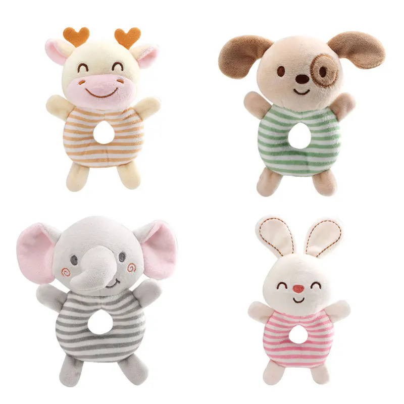 Newborn gift set: three adorable safari animal plush rattles with textured teethers for babies.