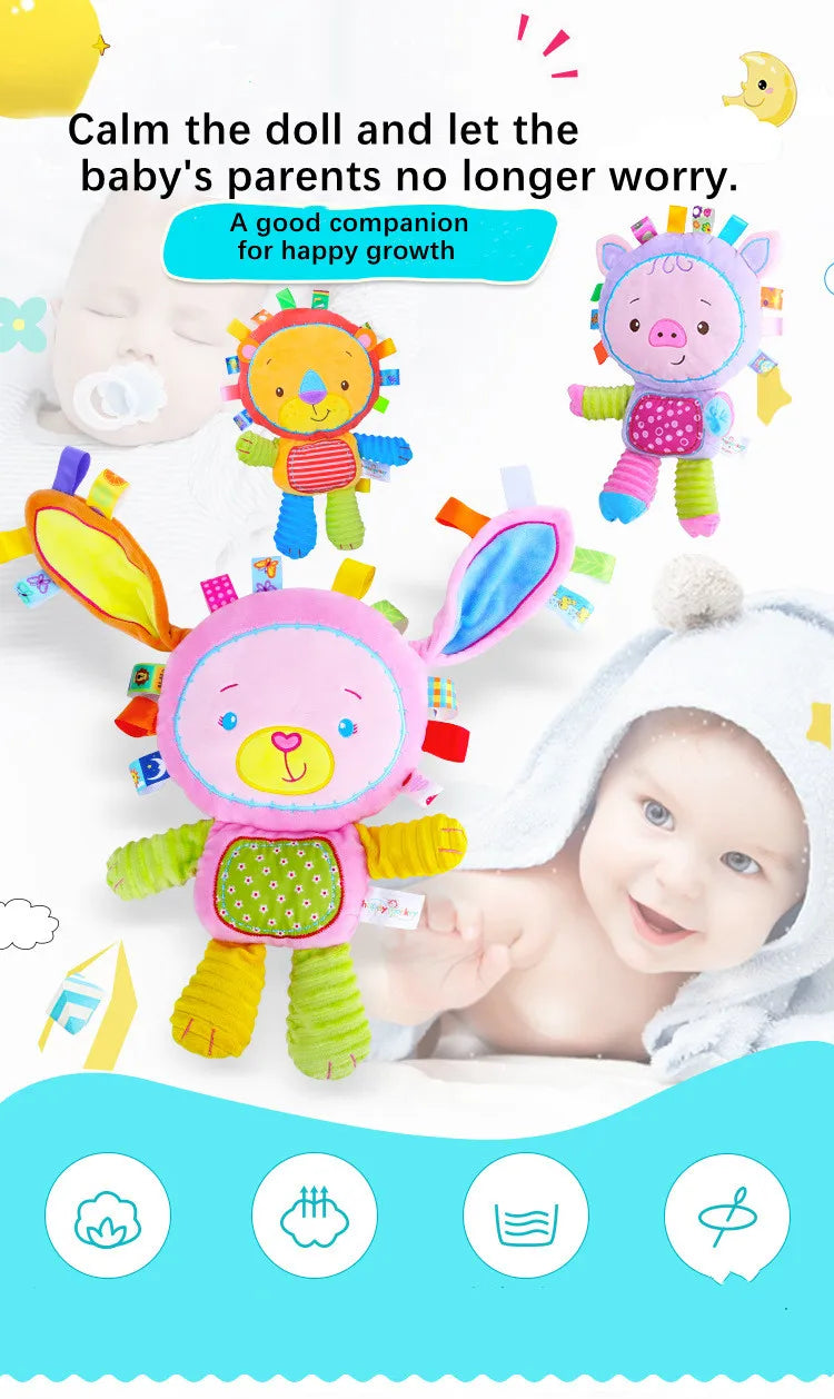 Child's perspective of a sensory plush toy, highlighting rattles and bells features