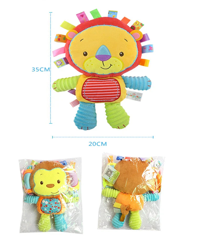 Soft fabric texture of a baby animal sensory plush toy with rattles and bells