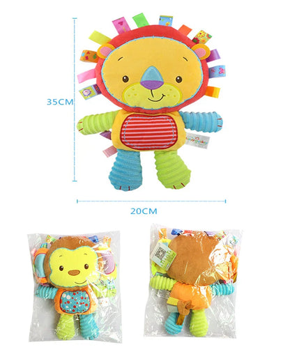 Soft fabric texture of a baby animal sensory plush toy with rattles and bells