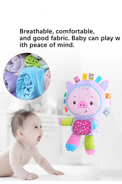 Front view of a cheerful tiger sensory plush toy for babies, with rattles and bells