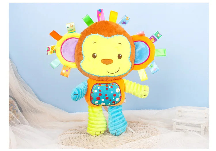 Group of diverse animal plush toys, all including sensory rattles & bells for babies