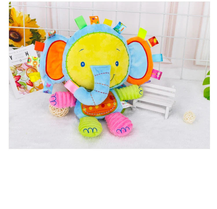 Soft, cuddly animal plush toy with rattles and bells, designed for infant stimulation