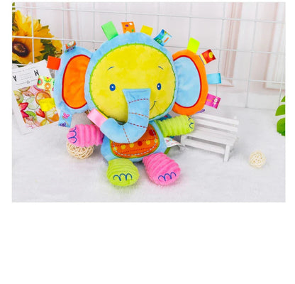Soft, cuddly animal plush toy with rattles and bells, designed for infant stimulation