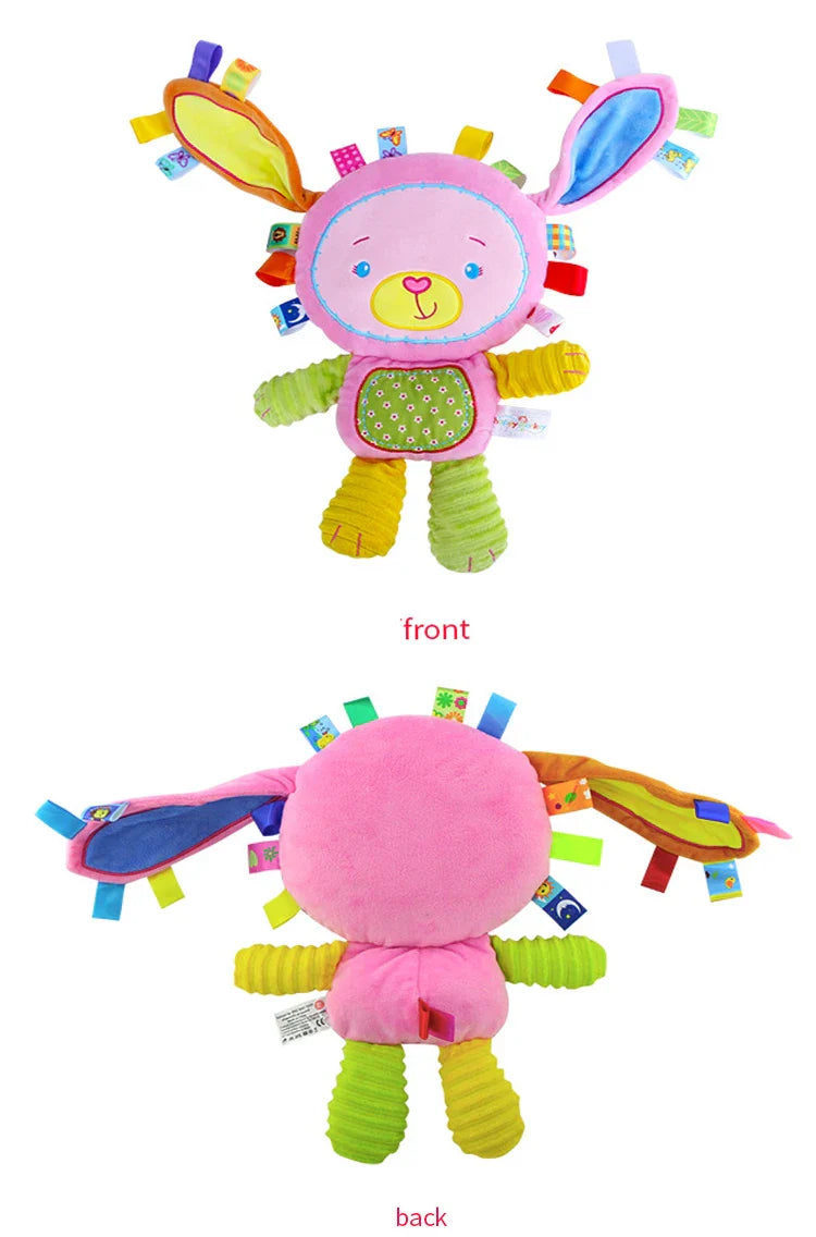 Variety of sizes in baby animal sensory plush toys with rattles and bells showcased