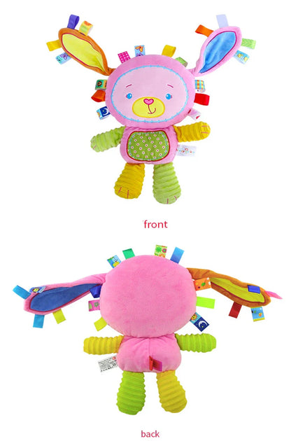 Variety of sizes in baby animal sensory plush toys with rattles and bells showcased